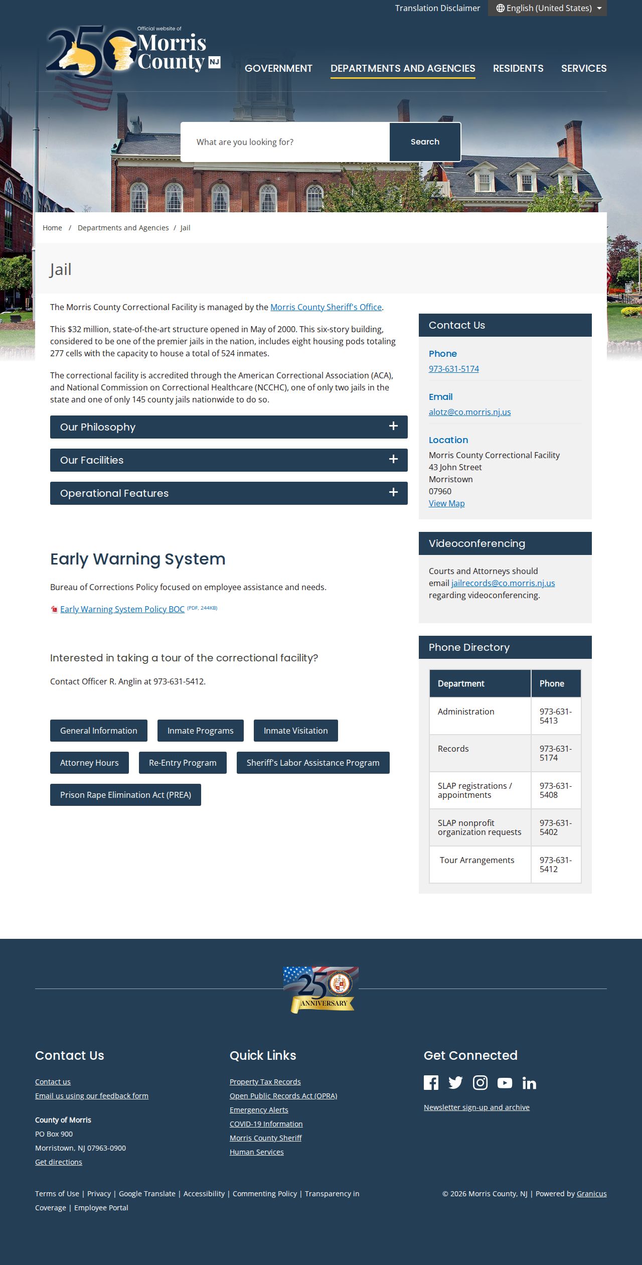 Morris County Correctional Facility booking and custody source page
